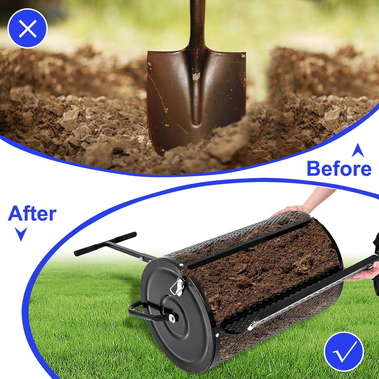 Compost Peat Moss Spreader with Upgrade T Shaped Handle Metal Mesh - Black - Fab Heavy Parts