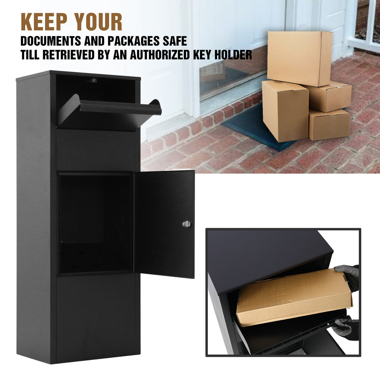 Large Package Delivery Box with Lockable Storage Compartment Heavy Duty Weatherproof--Black 10.5" x 15.5" x 41.30"