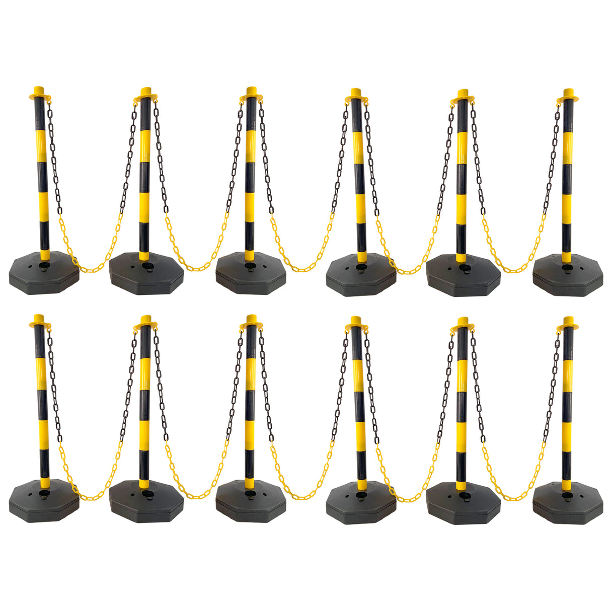 12 Pack Traffic Delineator Post Cones with Fillable Base Adjustable Safety Barrier with 5Ft Plastic Chain--Yellow+Black