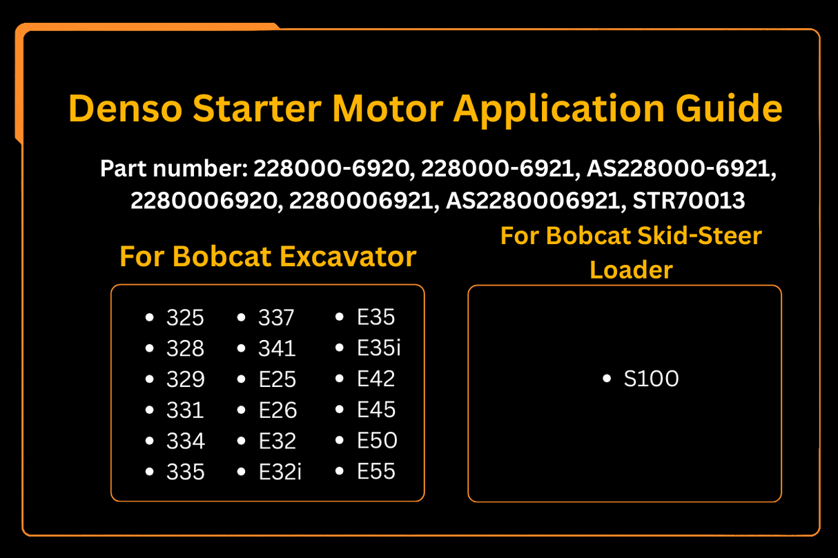 Denso Starter Motor 228000 - 6920 228000 - 6921 Aftermarket Replacement For Bobcat Excavator 335 337 341 E25 E26 E32 E35 E42 E45 E50 E55 - Fab Heavy Parts