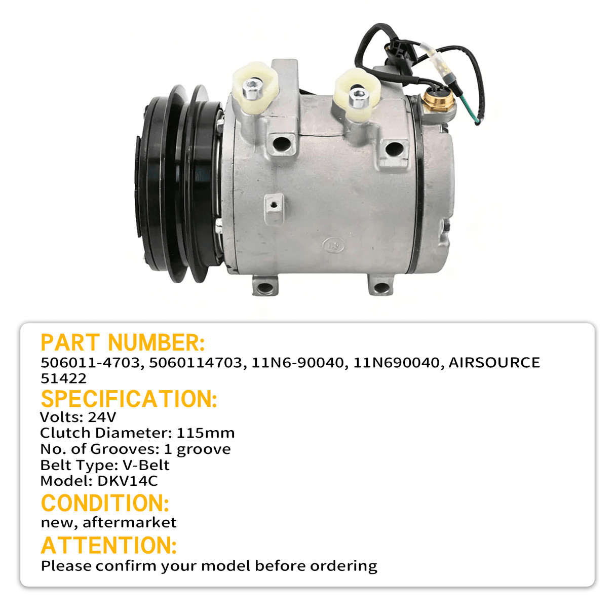 DKV14C A/C Compressor 11N6 - 90040 Fits for Hyundai HL730 - 7 HL730TM - 7 HL740 - 3 HL740 - 7 HL740TM - 7 HL757 - 7 Fits CASE 1221E Wheel Loader - Fab Heavy Parts