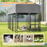 Dog Kennel Outdoor with Roof 4.23'x5.82'x4.83' Welded Wire Enclosure Heavy Duty Dog Crate with UV - Resistant Waterproof Cover Double Lock & Rotating Feeder - Fab Heavy Parts