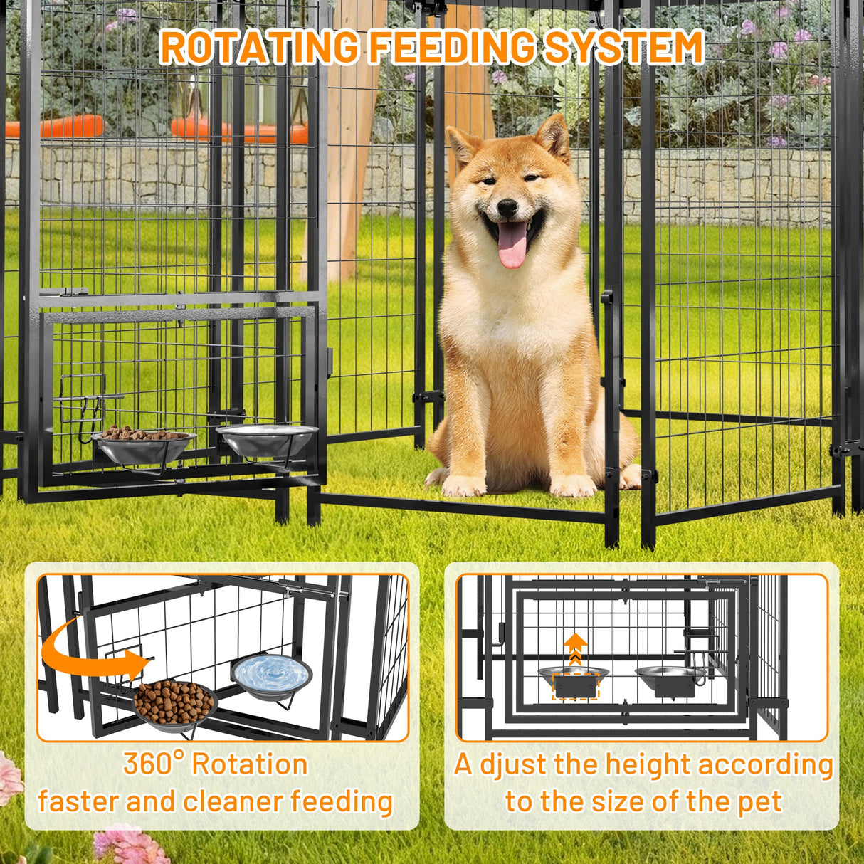 Dog Kennel Outdoor with Roof 4.23'x5.82'x4.83' Welded Wire Enclosure Heavy Duty Dog Crate with UV - Resistant Waterproof Cover Double Lock & Rotating Feeder - Fab Heavy Parts