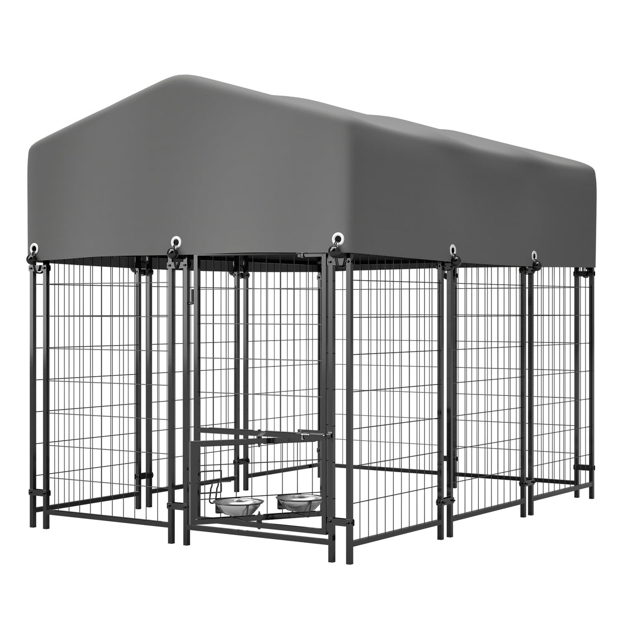 Dog Kennel Outdoor with Roof 4.23'x5.82'x4.83' Welded Wire Enclosure Heavy Duty Dog Crate with UV - Resistant Waterproof Cover Double Lock & Rotating Feeder - Fab Heavy Parts