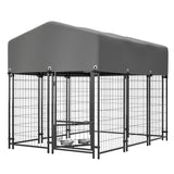 Dog Kennel Outdoor with Roof 4.23'x5.82'x4.83' Welded Wire Enclosure Heavy Duty Dog Crate with UV - Resistant Waterproof Cover Double Lock & Rotating Feeder - Fab Heavy Parts