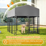Dog Kennel Outdoor with Roof 4.23'x5.82'x4.83' Welded Wire Enclosure Heavy Duty Dog Crate with UV - Resistant Waterproof Cover Double Lock & Rotating Feeder - Fab Heavy Parts