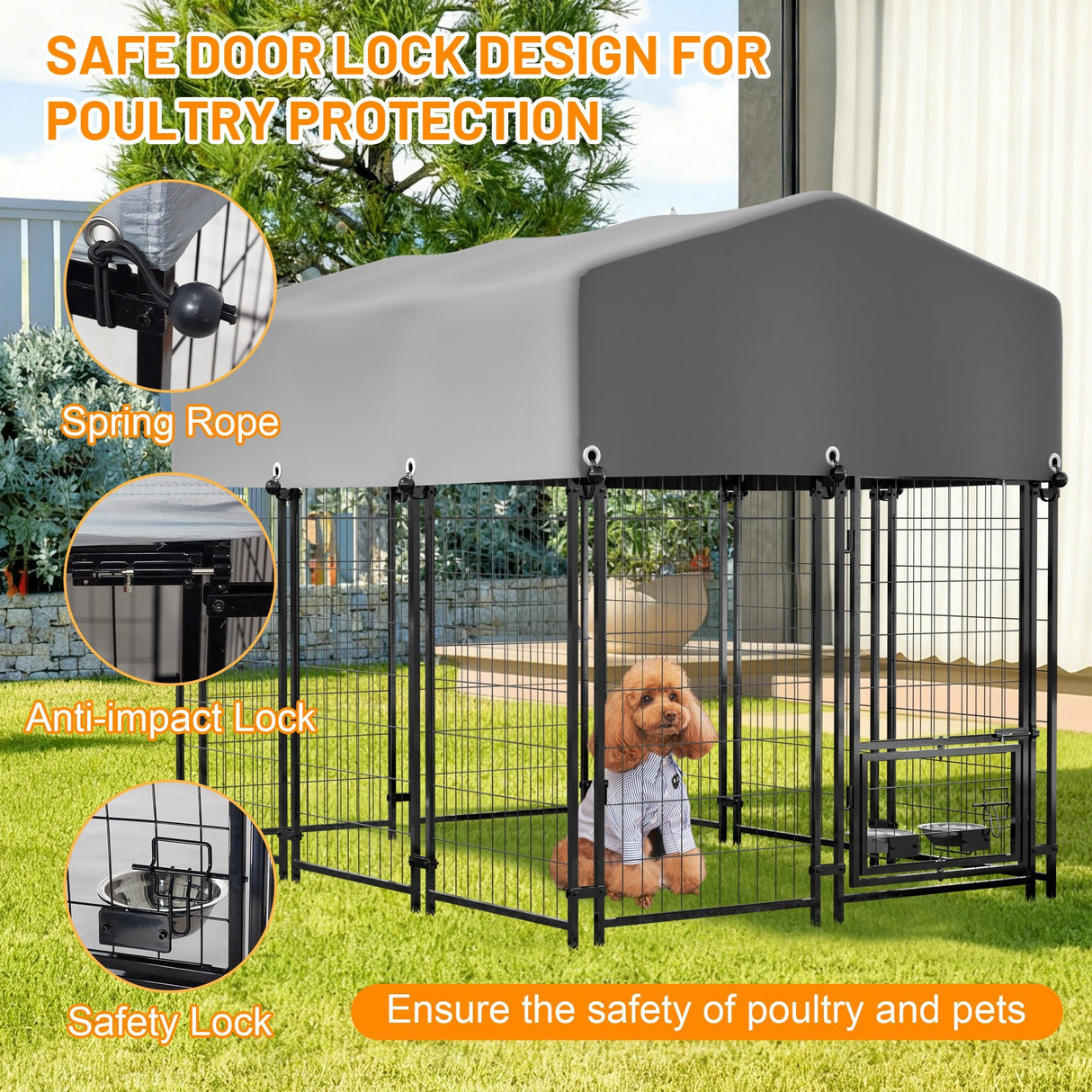 Dog Kennel Outdoor with Roof 4.23'x5.82'x4.83' Welded Wire Enclosure Heavy Duty Dog Crate with UV - Resistant Waterproof Cover Double Lock & Rotating Feeder - Fab Heavy Parts