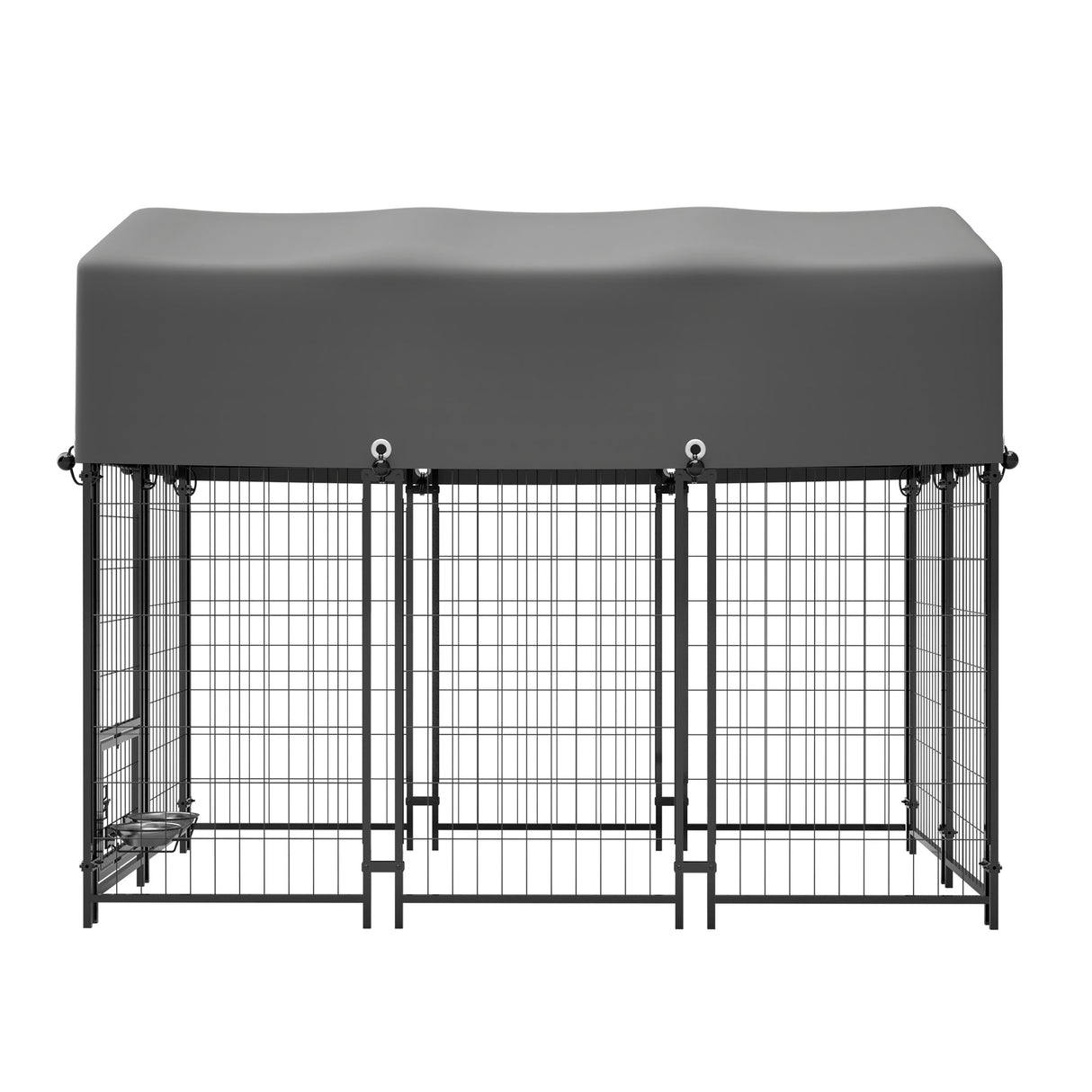 Dog Kennel Outdoor with Roof 4.23'x5.82'x4.83' Welded Wire Enclosure Heavy Duty Dog Crate with UV - Resistant Waterproof Cover Double Lock & Rotating Feeder - Fab Heavy Parts