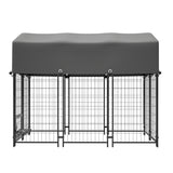 Dog Kennel Outdoor with Roof 4.23'x5.82'x4.83' Welded Wire Enclosure Heavy Duty Dog Crate with UV - Resistant Waterproof Cover Double Lock & Rotating Feeder - Fab Heavy Parts