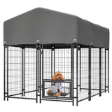 Dog Kennel Outdoor with Roof 4.23'x5.82'x4.83' Welded Wire Enclosure Heavy Duty Dog Crate with UV - Resistant Waterproof Cover Double Lock & Rotating Feeder - Fab Heavy Parts
