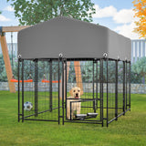 Dog Kennel Outdoor with Roof 4.23'x5.82'x4.83' Welded Wire Enclosure Heavy Duty Dog Crate with UV - Resistant Waterproof Cover Double Lock & Rotating Feeder - Fab Heavy Parts