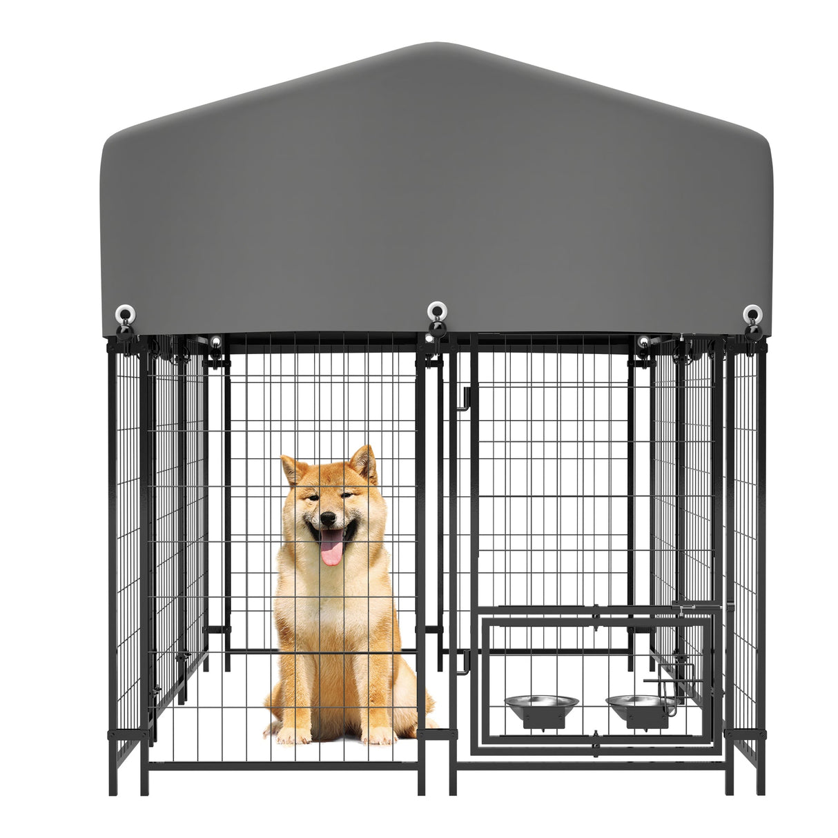 Dog Kennel Outdoor with Roof 4.23'x5.82'x4.83' Welded Wire Enclosure Heavy Duty Dog Crate with UV - Resistant Waterproof Cover Double Lock & Rotating Feeder - Fab Heavy Parts