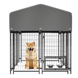 Dog Kennel Outdoor with Roof 4.23'x5.82'x4.83' Welded Wire Enclosure Heavy Duty Dog Crate with UV - Resistant Waterproof Cover Double Lock & Rotating Feeder - Fab Heavy Parts