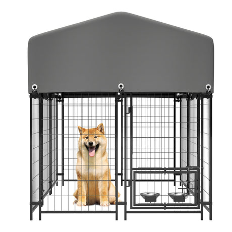 Dog Kennel Outdoor with Roof 4.23'x5.82'x4.83' Welded Wire Enclosure Heavy Duty Dog Crate with UV - Resistant Waterproof Cover Double Lock & Rotating Feeder - Fab Heavy Parts