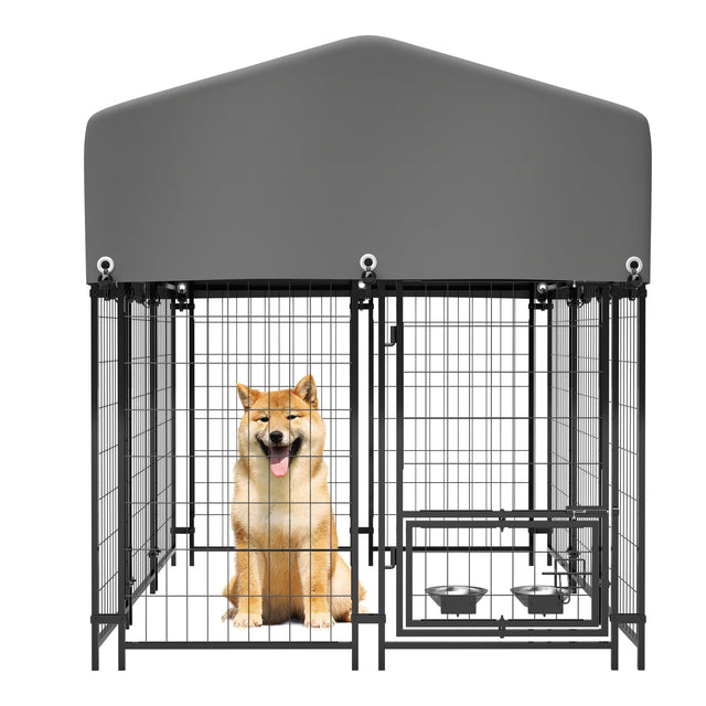 Dog Kennel Outdoor with Roof 4.23'x5.82'x4.83' Welded Wire Enclosure Heavy Duty Dog Crate with UV - Resistant Waterproof Cover Double Lock & Rotating Feeder - Fab Heavy Parts