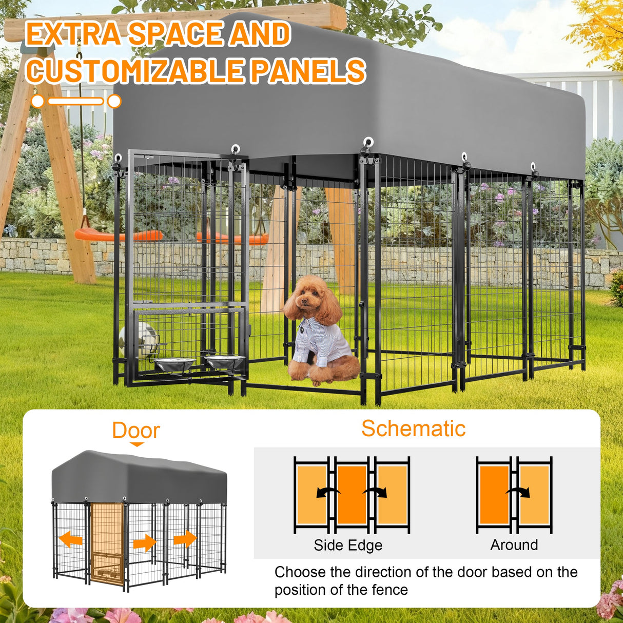 Dog Kennel Outdoor with Roof 4.23'x5.82'x4.83' Welded Wire Enclosure Heavy Duty Dog Crate with UV - Resistant Waterproof Cover Double Lock & Rotating Feeder - Fab Heavy Parts