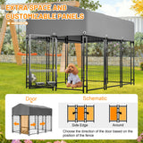 Dog Kennel Outdoor with Roof 4.23'x5.82'x4.83' Welded Wire Enclosure Heavy Duty Dog Crate with UV - Resistant Waterproof Cover Double Lock & Rotating Feeder - Fab Heavy Parts