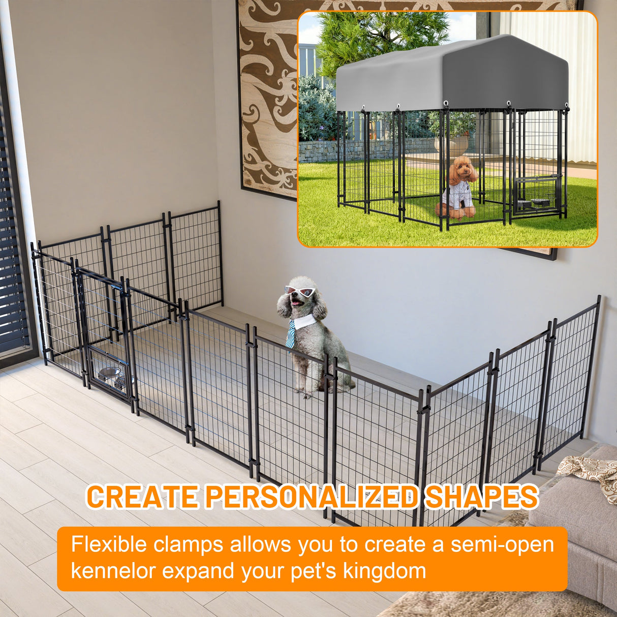 Dog Kennel Outdoor with Roof 4.23'x5.82'x4.83' Welded Wire Enclosure Heavy Duty Dog Crate with UV - Resistant Waterproof Cover Double Lock & Rotating Feeder - Fab Heavy Parts