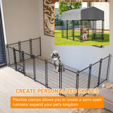 Dog Kennel Outdoor with Roof 4.23'x5.82'x4.83' Welded Wire Enclosure Heavy Duty Dog Crate with UV - Resistant Waterproof Cover Double Lock & Rotating Feeder - Fab Heavy Parts
