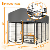 Dog Kennel Outdoor with Roof 4.23'x5.82'x4.83' Welded Wire Enclosure Heavy Duty Dog Crate with UV - Resistant Waterproof Cover Double Lock & Rotating Feeder - Fab Heavy Parts