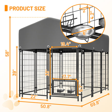 Dog Kennel Outdoor with Roof 4.23'x5.82'x4.83' Welded Wire Enclosure Heavy Duty Dog Crate with UV - Resistant Waterproof Cover Double Lock & Rotating Feeder - Fab Heavy Parts