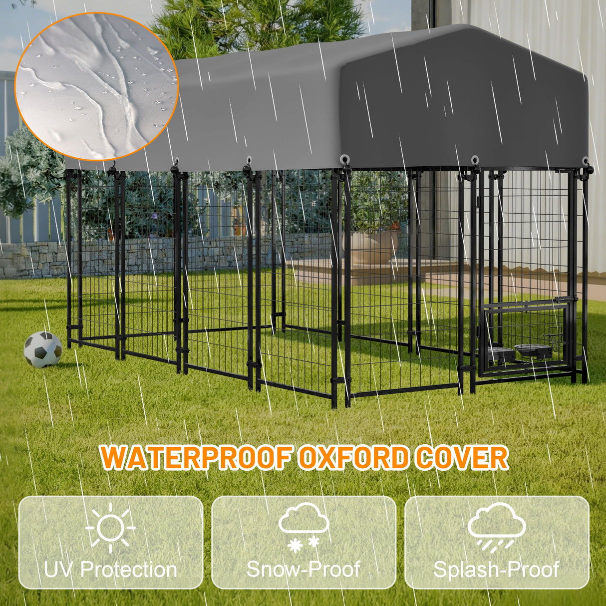 Dog Kennel Outdoor with Roof 4.23'x7.81'x4.83' Welded Wire Enclosure Heavy Duty Dog Crate with UV - Resistant Waterproof Cover Double Lock & Rotating Feeder for Medium/Large Dogs - Fab Heavy Parts