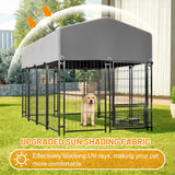 Dog Kennel Outdoor with Roof 4.23'x7.81'x4.83' Welded Wire Enclosure Heavy Duty Dog Crate with UV - Resistant Waterproof Cover Double Lock & Rotating Feeder for Medium/Large Dogs - Fab Heavy Parts