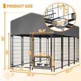 Dog Kennel Outdoor with Roof 4.23'x7.81'x4.83' Welded Wire Enclosure Heavy Duty Dog Crate with UV - Resistant Waterproof Cover Double Lock & Rotating Feeder for Medium/Large Dogs - Fab Heavy Parts