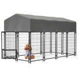 Dog Kennel Outdoor with Roof 4.23'x7.81'x4.83' Welded Wire Enclosure Heavy Duty Dog Crate with UV - Resistant Waterproof Cover Double Lock & Rotating Feeder for Medium/Large Dogs - Fab Heavy Parts