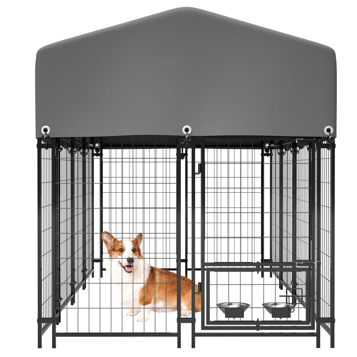 Dog Kennel Outdoor with Roof 4.23'x7.81'x4.83' Welded Wire Enclosure Heavy Duty Dog Crate with UV - Resistant Waterproof Cover Double Lock & Rotating Feeder for Medium/Large Dogs - Fab Heavy Parts