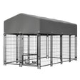 Dog Kennel Outdoor with Roof 4.23'x7.81'x4.83' Welded Wire Enclosure Heavy Duty Dog Crate with UV - Resistant Waterproof Cover Double Lock & Rotating Feeder for Medium/Large Dogs - Fab Heavy Parts