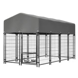 Dog Kennel Outdoor with Roof 4.23'x7.81'x4.83' Welded Wire Enclosure Heavy Duty Dog Crate with UV - Resistant Waterproof Cover Double Lock & Rotating Feeder for Medium/Large Dogs - Fab Heavy Parts