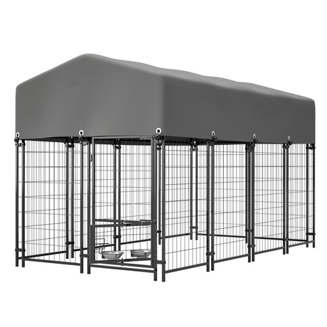 Dog Kennel Outdoor with Roof 4.23'x7.81'x4.83' Welded Wire Enclosure Heavy Duty Dog Crate with UV - Resistant Waterproof Cover Double Lock & Rotating Feeder for Medium/Large Dogs - Fab Heavy Parts