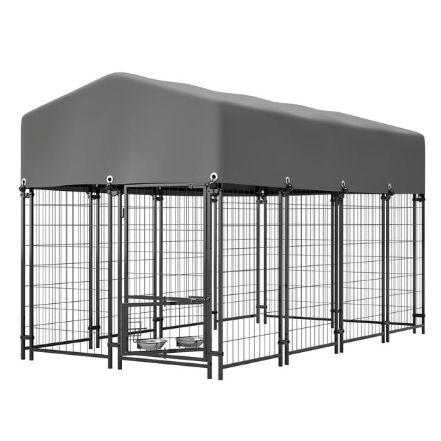 Dog Kennel Outdoor with Roof 4.23'x7.81'x4.83' Welded Wire Enclosure Heavy Duty Dog Crate with UV - Resistant Waterproof Cover Double Lock & Rotating Feeder for Medium/Large Dogs - Fab Heavy Parts