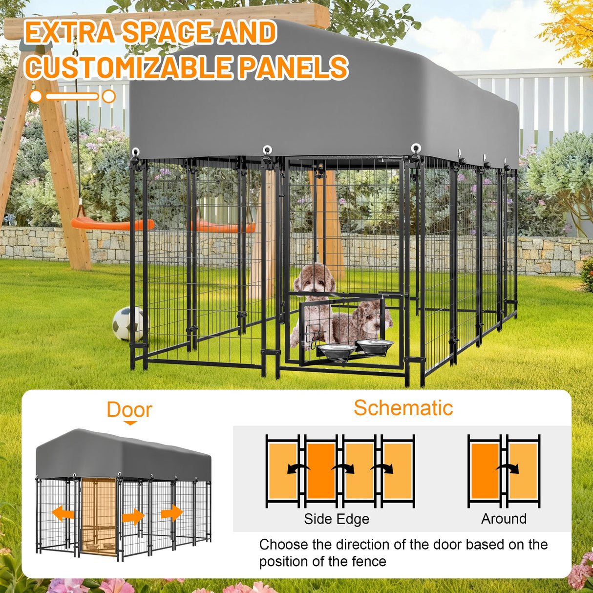 Dog Kennel Outdoor with Roof 4.23'x7.81'x4.83' Welded Wire Enclosure Heavy Duty Dog Crate with UV - Resistant Waterproof Cover Double Lock & Rotating Feeder for Medium/Large Dogs - Fab Heavy Parts