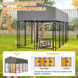 Dog Kennel Outdoor with Roof 4.23'x7.81'x4.83' Welded Wire Enclosure Heavy Duty Dog Crate with UV - Resistant Waterproof Cover Double Lock & Rotating Feeder for Medium/Large Dogs - Fab Heavy Parts