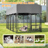 Dog Kennel Outdoor with Roof 4.23'x7.81'x4.83' Welded Wire Enclosure Heavy Duty Dog Crate with UV - Resistant Waterproof Cover Double Lock & Rotating Feeder for Medium/Large Dogs - Fab Heavy Parts