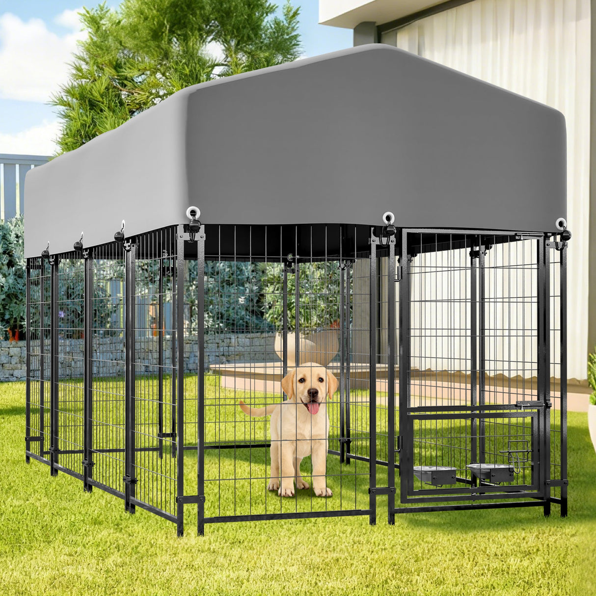Dog Kennel Outdoor with Roof 4.23'x7.81'x4.83' Welded Wire Enclosure Heavy Duty Dog Crate with UV - Resistant Waterproof Cover Double Lock & Rotating Feeder for Medium/Large Dogs - Fab Heavy Parts