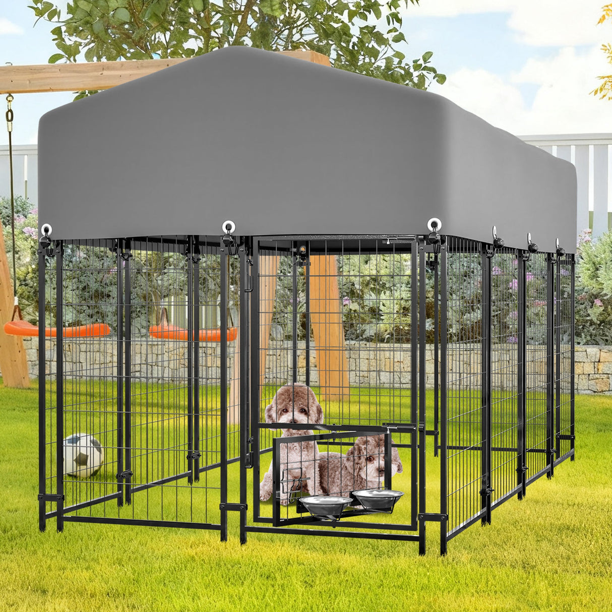 Dog Kennel Outdoor with Roof 4.23'x7.81'x4.83' Welded Wire Enclosure Heavy Duty Dog Crate with UV - Resistant Waterproof Cover Double Lock & Rotating Feeder for Medium/Large Dogs - Fab Heavy Parts