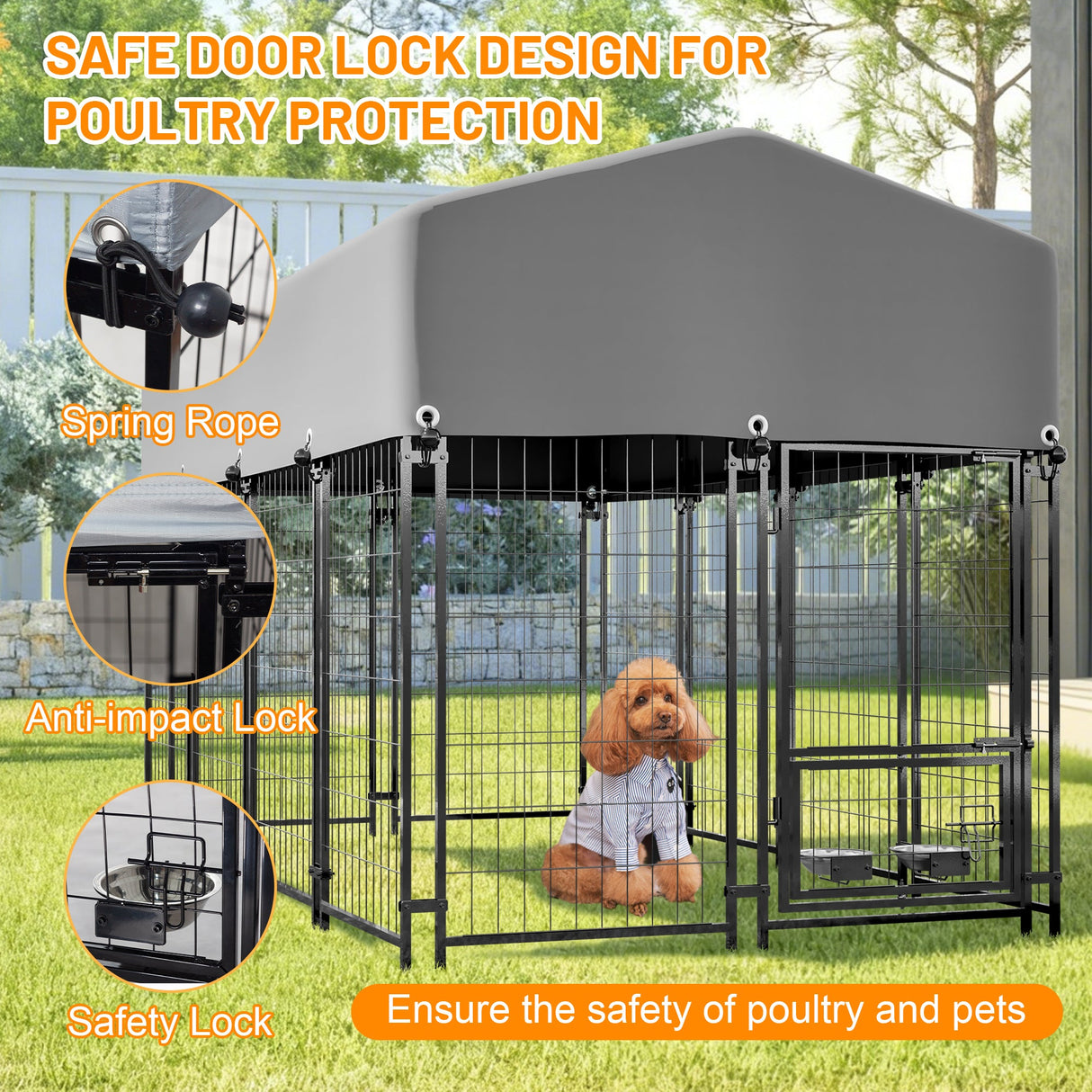 Dog Kennel Outdoor with Roof 4.23'x7.81'x4.83' Welded Wire Enclosure Heavy Duty Dog Crate with UV - Resistant Waterproof Cover Double Lock & Rotating Feeder for Medium/Large Dogs - Fab Heavy Parts