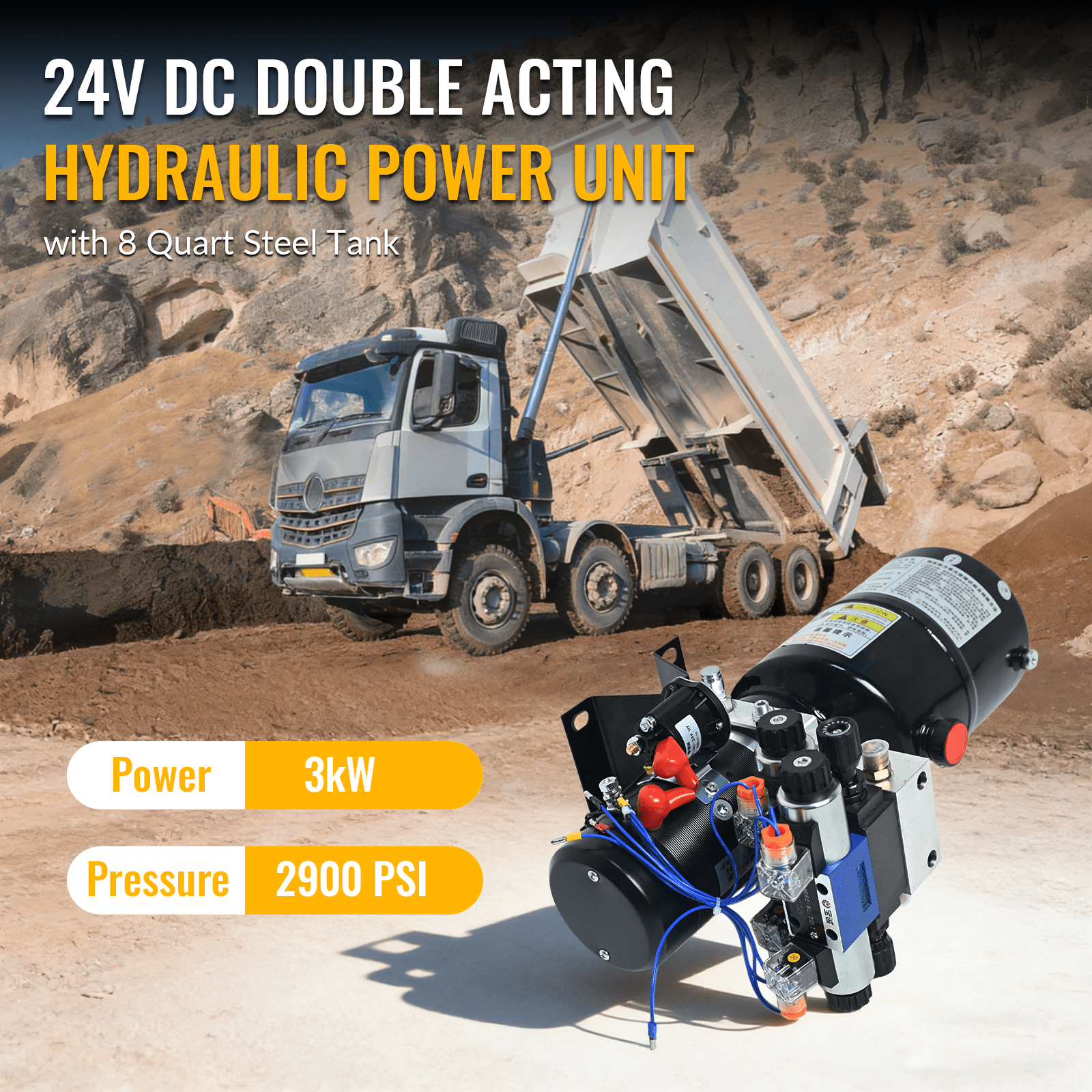 Double Acting Hydraulic Power Unit 3kW 24V DC 8 Quart Steel Tank 1.8GPM 2900PSI SAE 8 Fits for Dump Trailer Car Lifting - Fab Heavy Parts