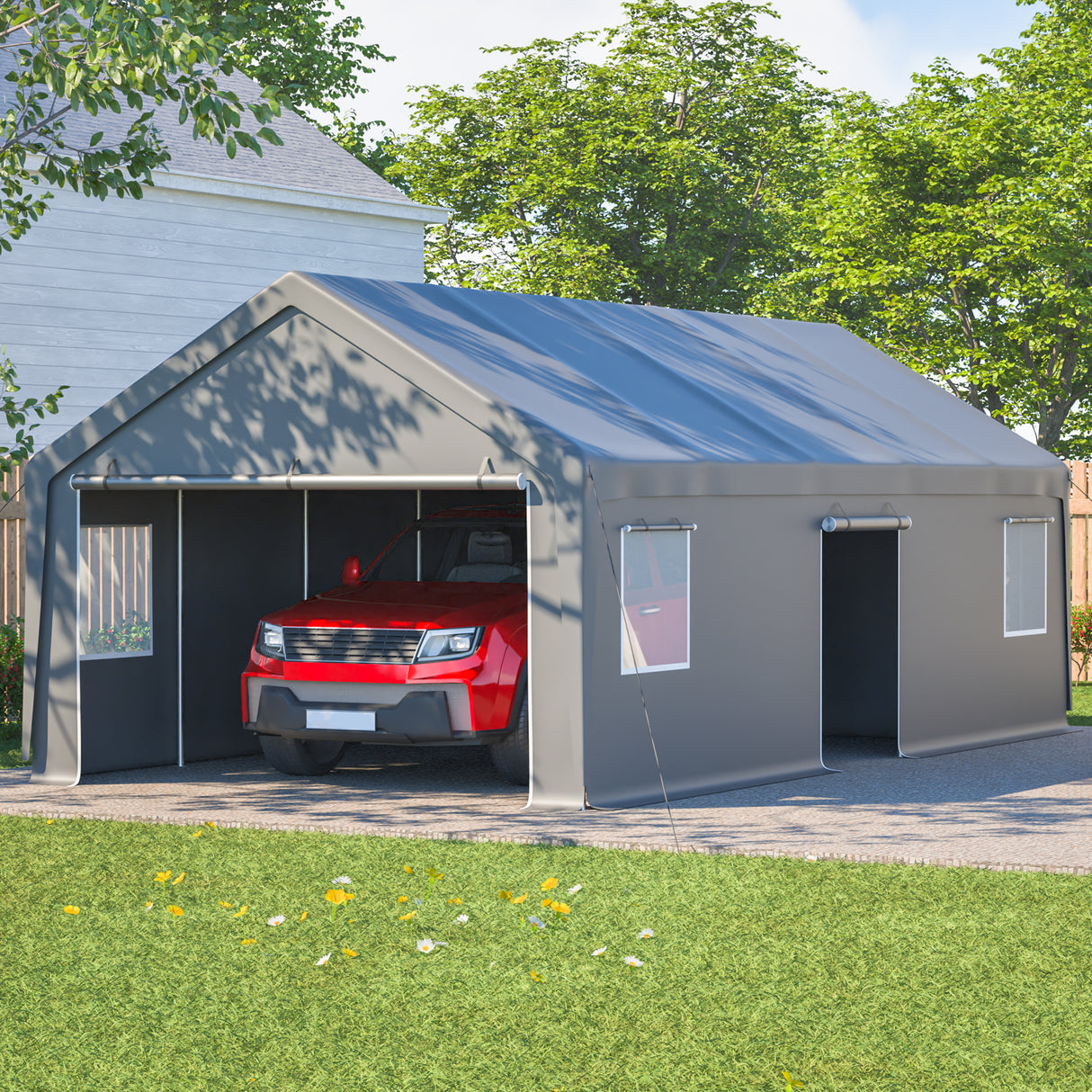 13x26 FT Heavy Duty Carport Canopy with 2 Roll-Up Doors + 1 Side Door Removable End Walls & Windows All-Weather Portable Garage Shelter for Car, Truck, Boat, Vehicle