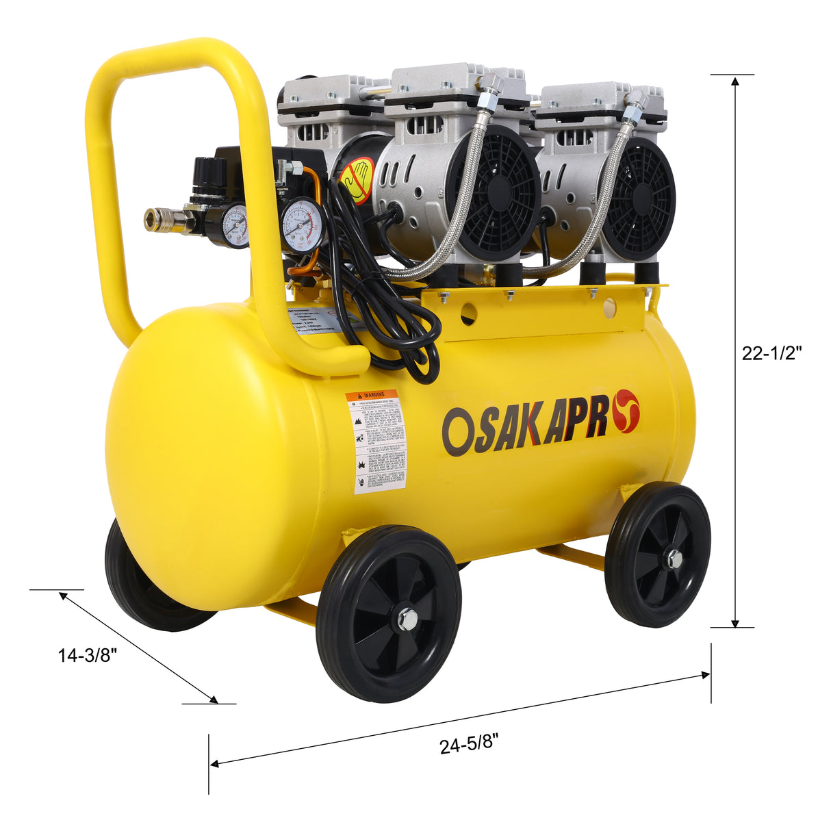 Compresor de aire silencioso de 2.5 hp 13 galones Tienda eléctrica sin aceite sin aceite Ligero con ruedas Nivel de ruido de 70 dba con válvula de drenaje automática amarillo