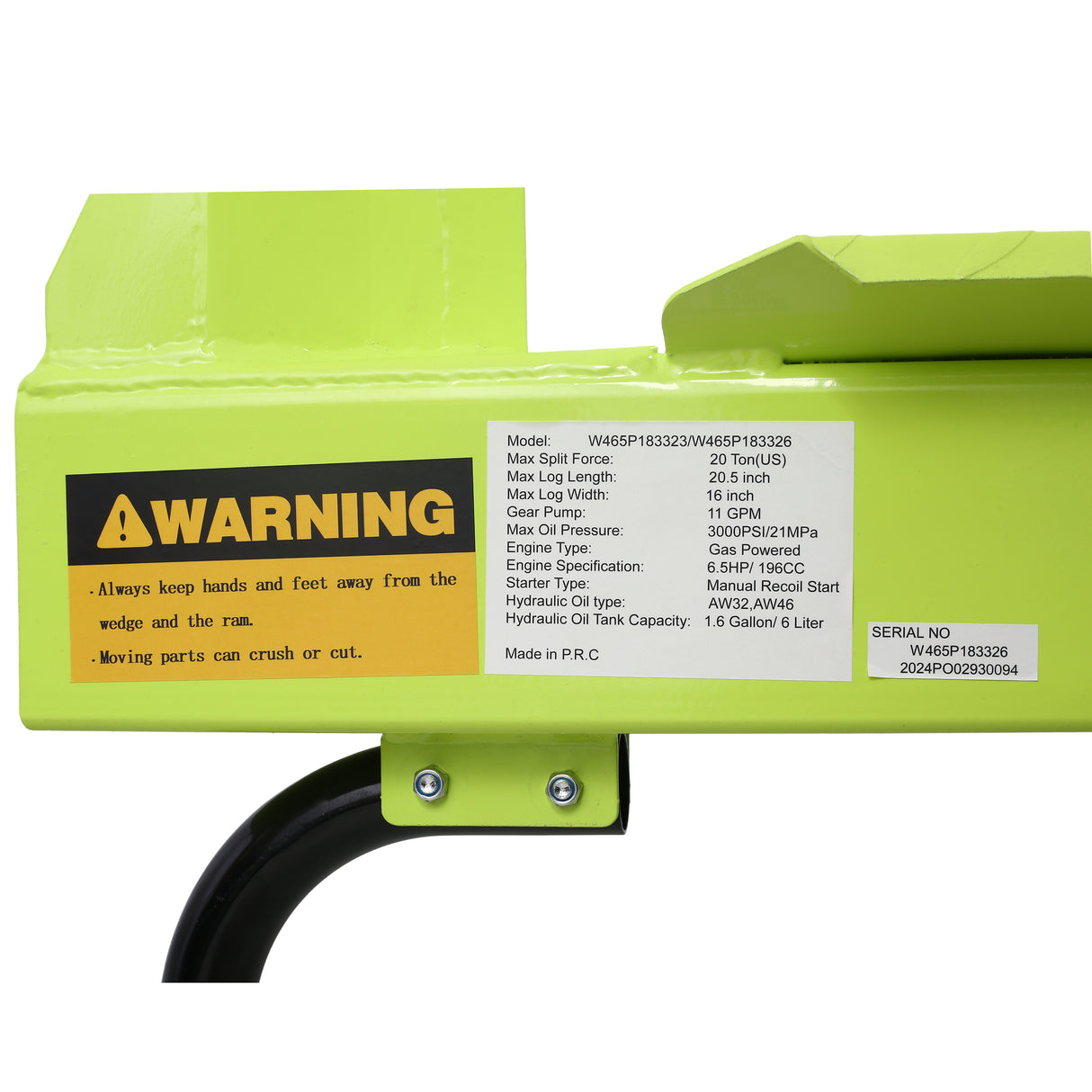 Log Splitter Portable 20 Ton Auto Return Ram System 7HP Engine Horizontal Full Beam Steel Wedge Firewood Splitting Forestry Harvesting EPA Compliant--Green