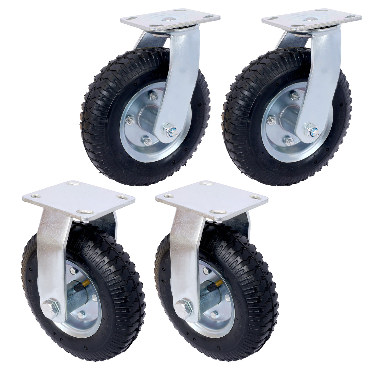 4 STK 8IN Hjul pneumatisk dekk (2 STK svingbar + 2 STK stiv) Hjul Svingplate stålnav med kulelager 5/8-tommers boring sentrert aksel svart