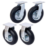 4 STK 8IN Hjul pneumatisk dekk (2 STK svingbar + 2 STK stiv) Hjul Svingplate stålnav med kulelager 5/8-tommers boring sentrert aksel svart