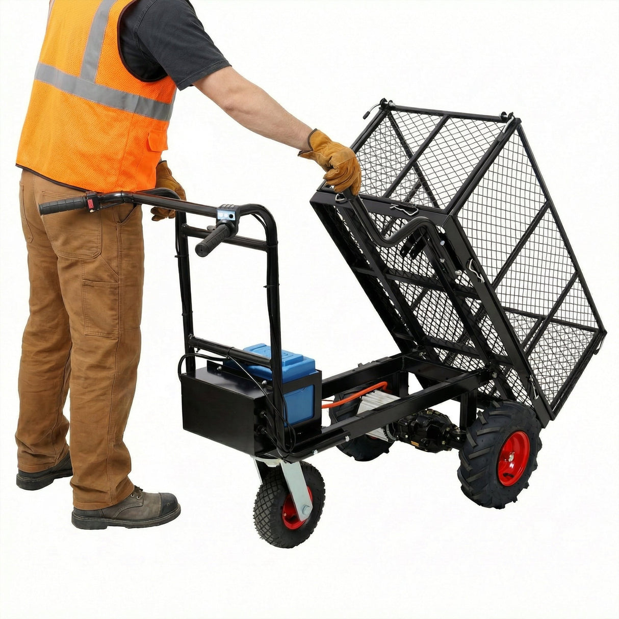 Electric Transportation Cart 24V DC 700W Motor Powered Utility Garden Wagon Dump Cart 660 lbs Load Capacity with Metal Handle & 13 Inch Track Wheels - Fab Heavy Parts