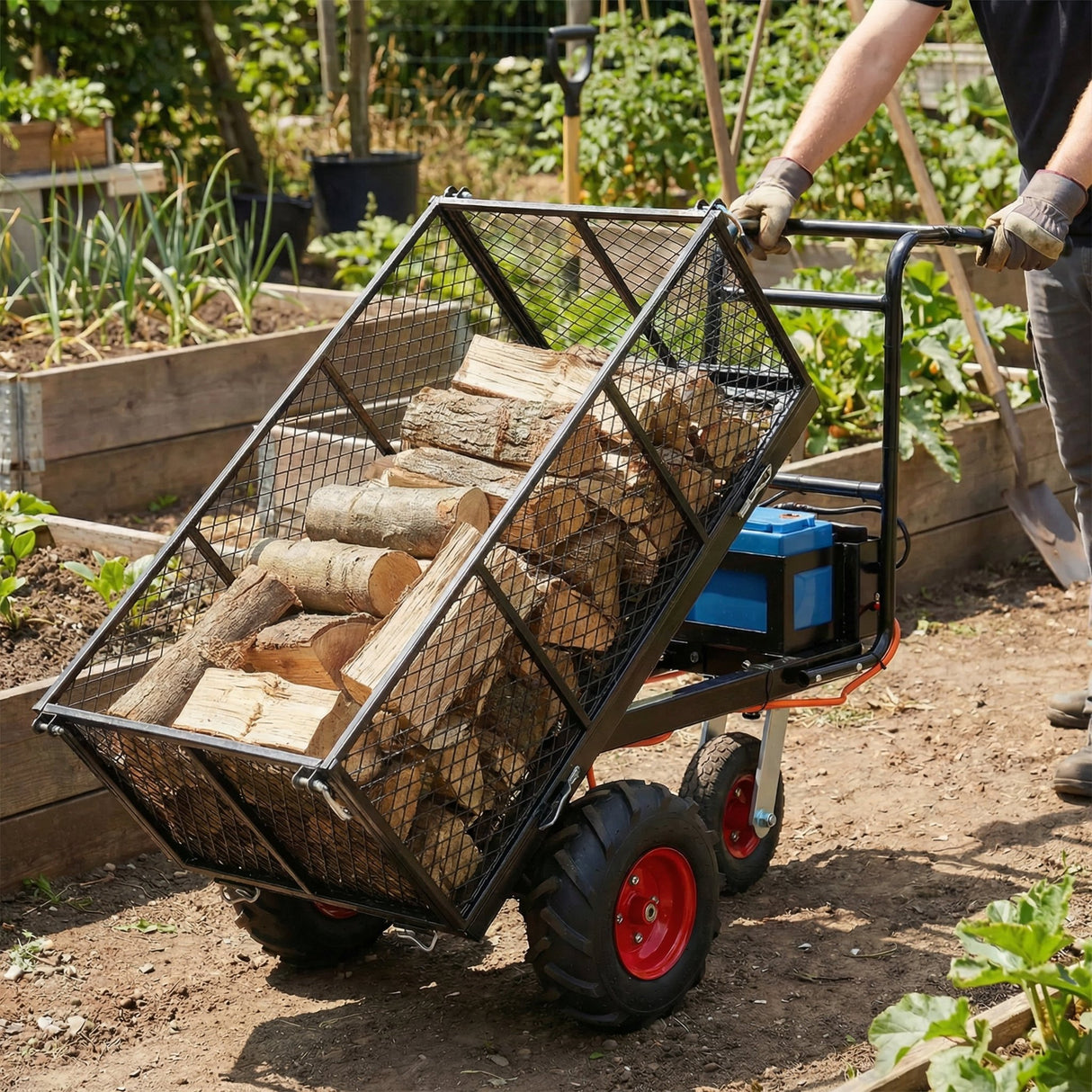 Electric Transportation Cart 24V DC 700W Motor Powered Utility Garden Wagon Dump Cart 660 lbs Load Capacity with Metal Handle & 13 Inch Track Wheels - Fab Heavy Parts