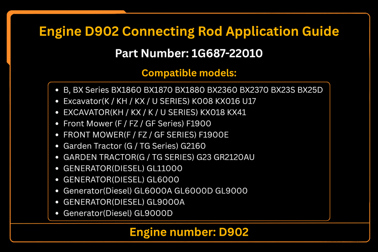 Engine D902 Connecting Rod 1G687 - 22010 for Kubota RTV900 Tractor BX1860 BX1870 BX2360 BX25 Mower F1900 Generator GL9000 GL6000 - Fab Heavy Parts