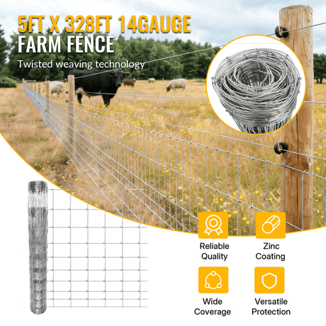 Farm Fence 5ft x 328ft 14Gauge Heavy Zinc Coating Cattle Fence Galvanized Field Wire Fencing Deer Fence Goat Fence Hog Wire Fencing for Yard Livestock & Animals Protection - Fab Heavy Parts